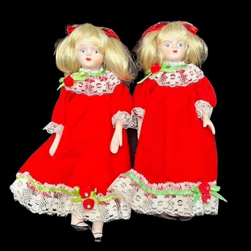 Porcelain Dolls Set of 2 Red Dress Victorian Lace Trim Sisters Twins Vintage